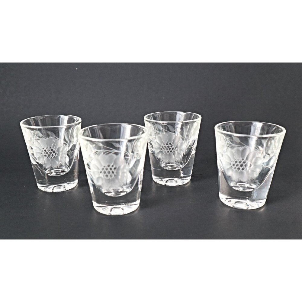 4 Vintage Etched CORNFLOWER Shot Glasses Hughes Barware